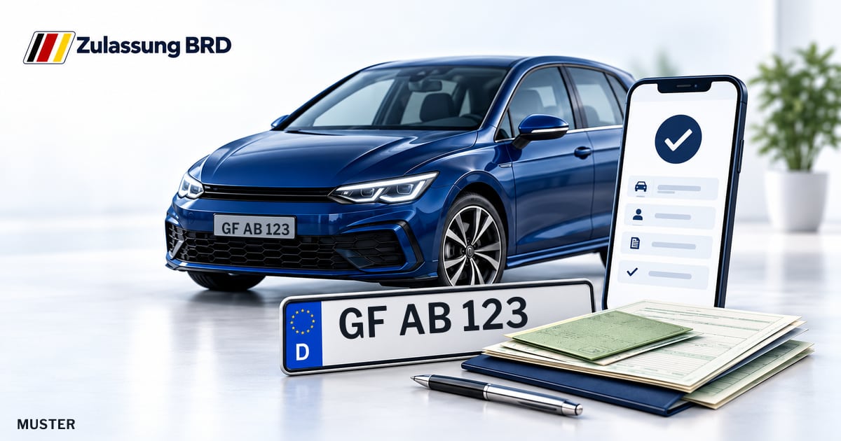 Online Fahrzeugzulassung in Gifhorn: Musterkennzeichen GF AB 123, Auto und Fahrzeugpapiere und Smartphone. Illustration mit Logo von Zulassung BRD.